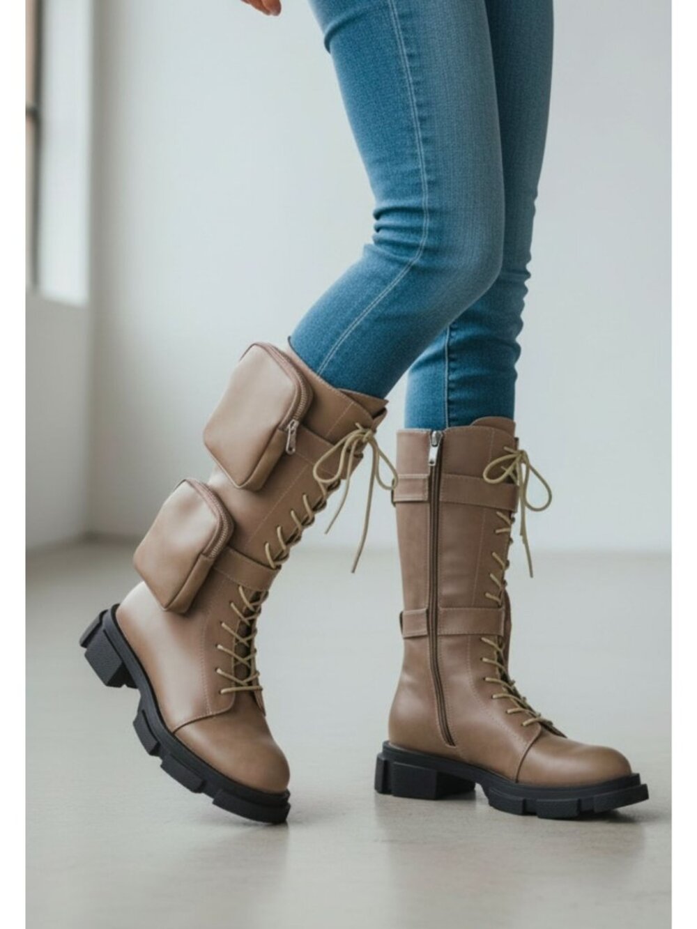 Lace-Up Combat Boots With Dual Detachable Pockets Side Zippers Chunky Soles And